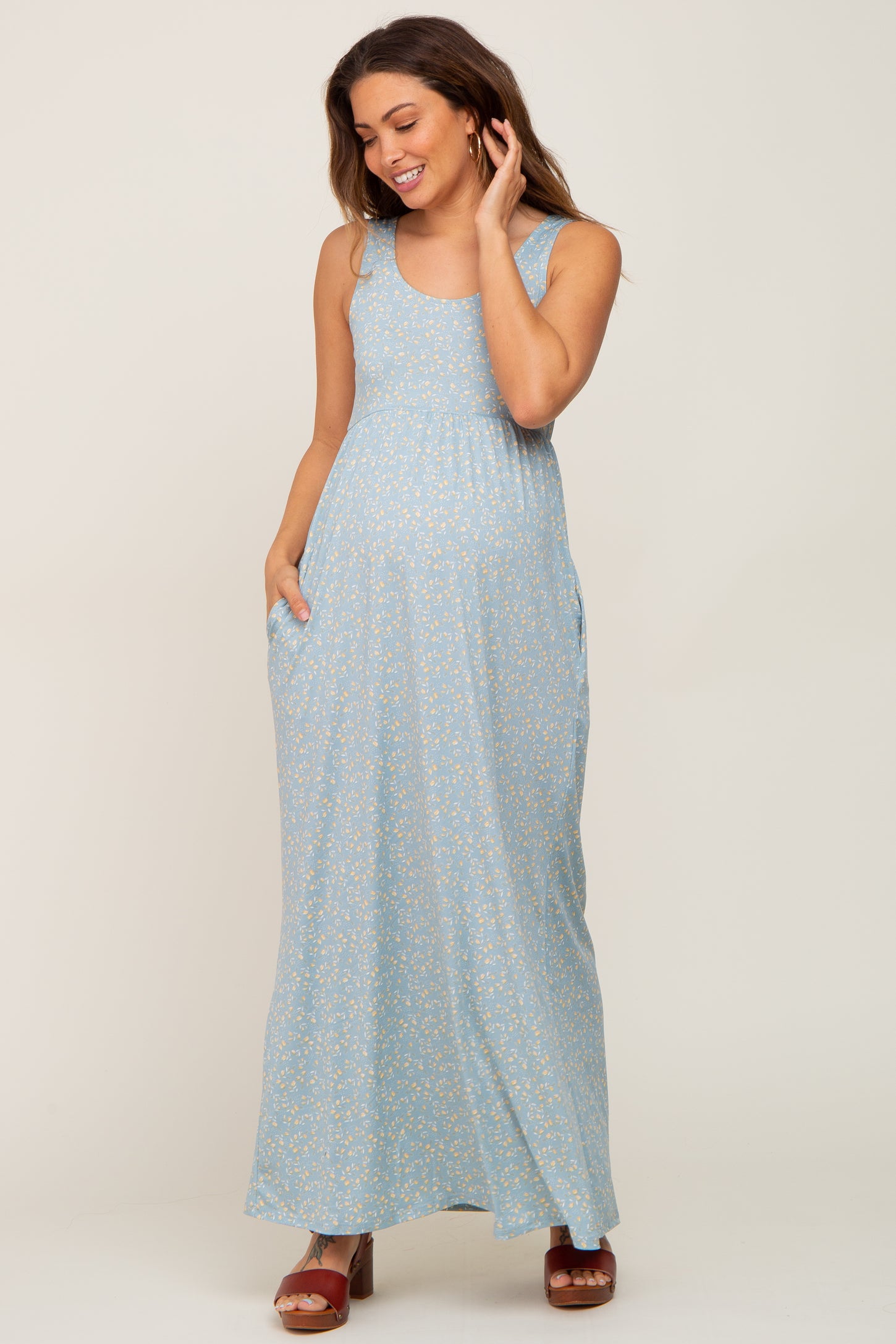 Light Blue Floral Sleeveless Maternity Maxi Dress