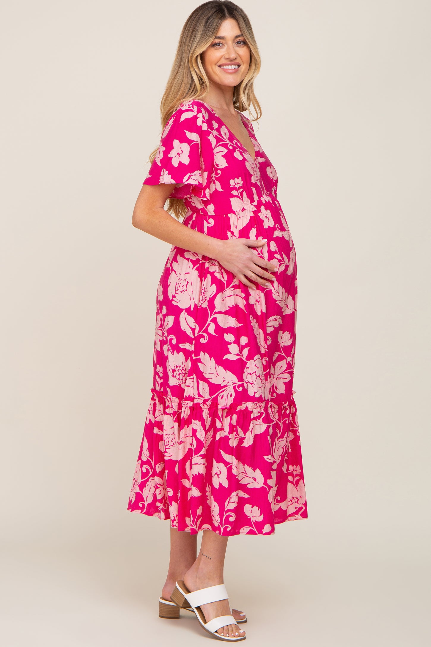 Fuchsia Tropical Print Ruffle Maternity Midi Dress