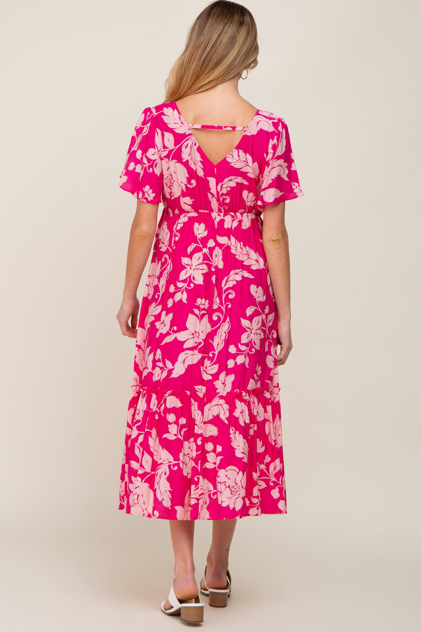 Fuchsia Tropical Print Ruffle Maternity Midi Dress