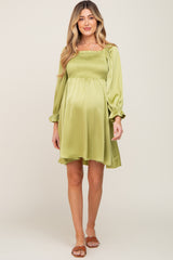 Lime Satin Smocked Square Neck Maternity Dress