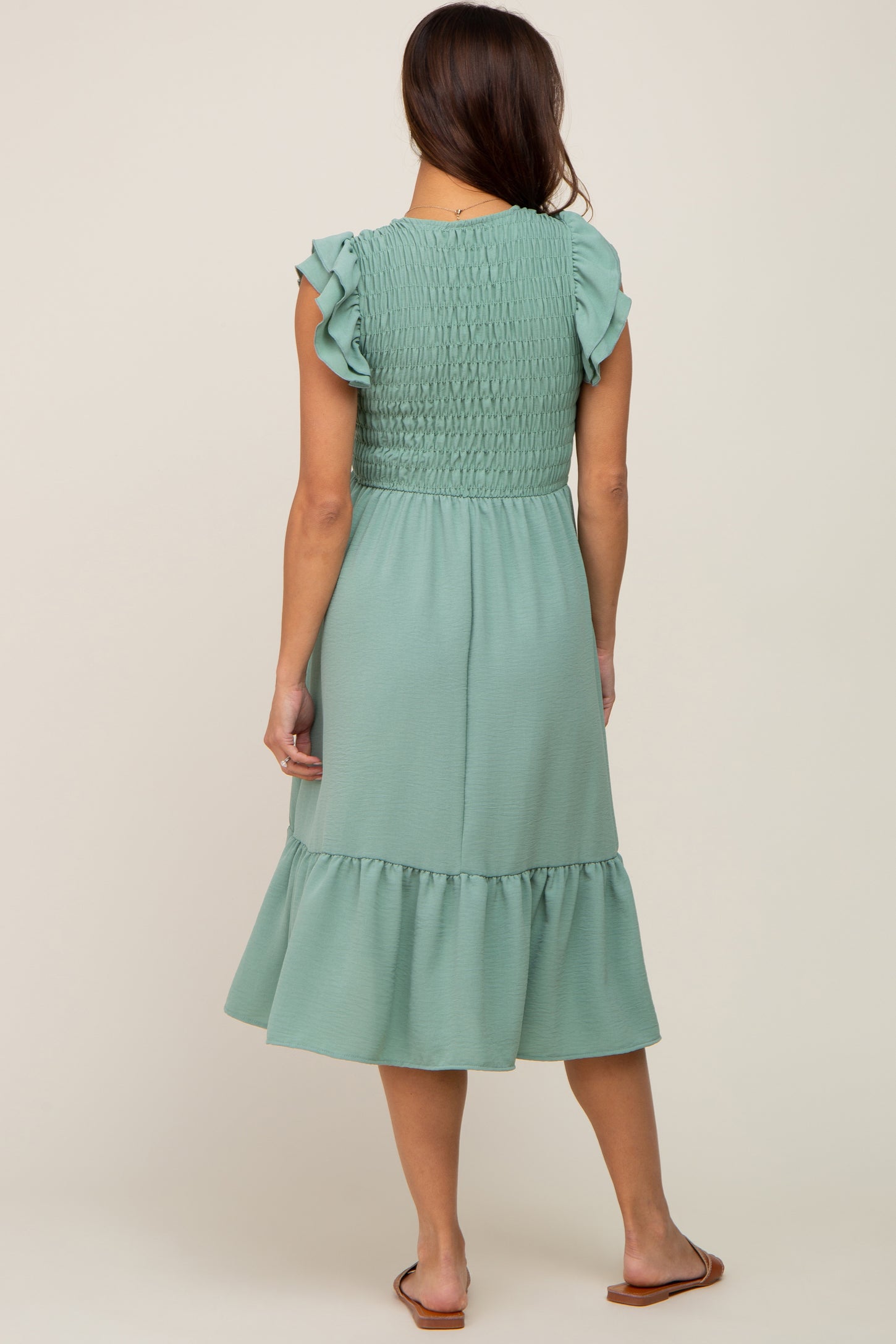 Sage Smocked Layered Ruffle Flutter Sleeve Maternity Midi Dress