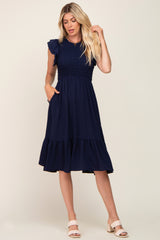 Navy Smocked Layered Ruffle Flutter Sleeve Midi Dress