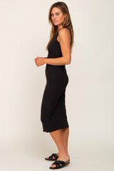 Black Sleeveless Ribbed Midi Dress