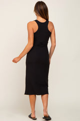 Black Sleeveless Ribbed Midi Dress