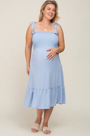 Light Blue Smocked Shoulder Tie Maternity Plus Midi Dress