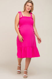 Fuchsia Smocked Shoulder Tie Maternity Plus Midi Dress