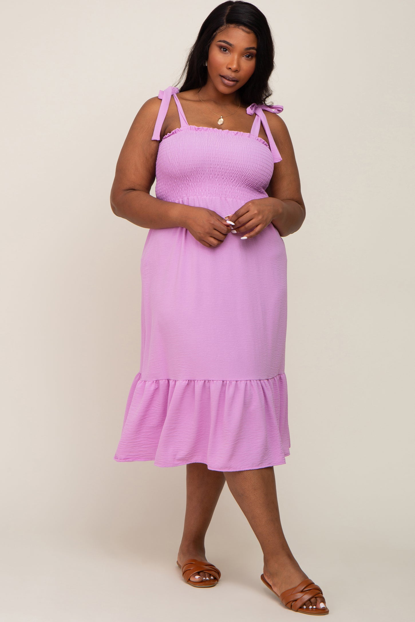 Lavender Smocked Shoulder Tie Maternity Plus Midi Dress