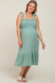 Sage Smocked Shoulder Tie Maternity Plus Midi Dress