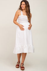 White Embroidered Smocked Maternity Midi Dress