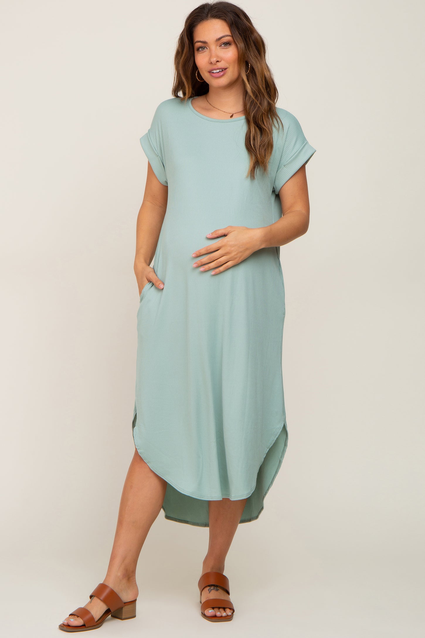 Mint Green Ribbed Round Hi-Lo Hem Maternity Dress