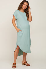 Mint Green Ribbed Round Hi-Lo Hem Maternity Dress