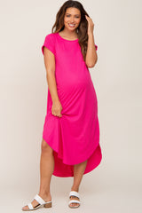 Fuchsia Ribbed Round Hi-Lo Hem Maternity Dress