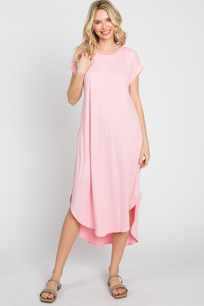 Light Pink Ribbed Round Hi-Lo Hem Dress