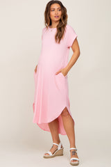 Light Pink Ribbed Round Hi-Lo Hem Maternity Dress