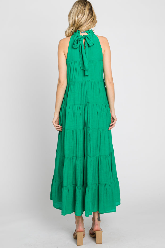 Green Tiered High Neck Maxi Dress