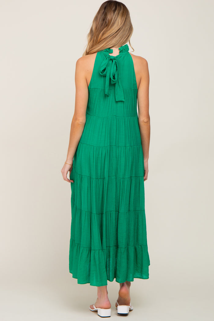 Green Tiered High Neck Maternity Maxi Dress