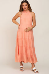 Peach Tiered High Neck Maternity Maxi Dress