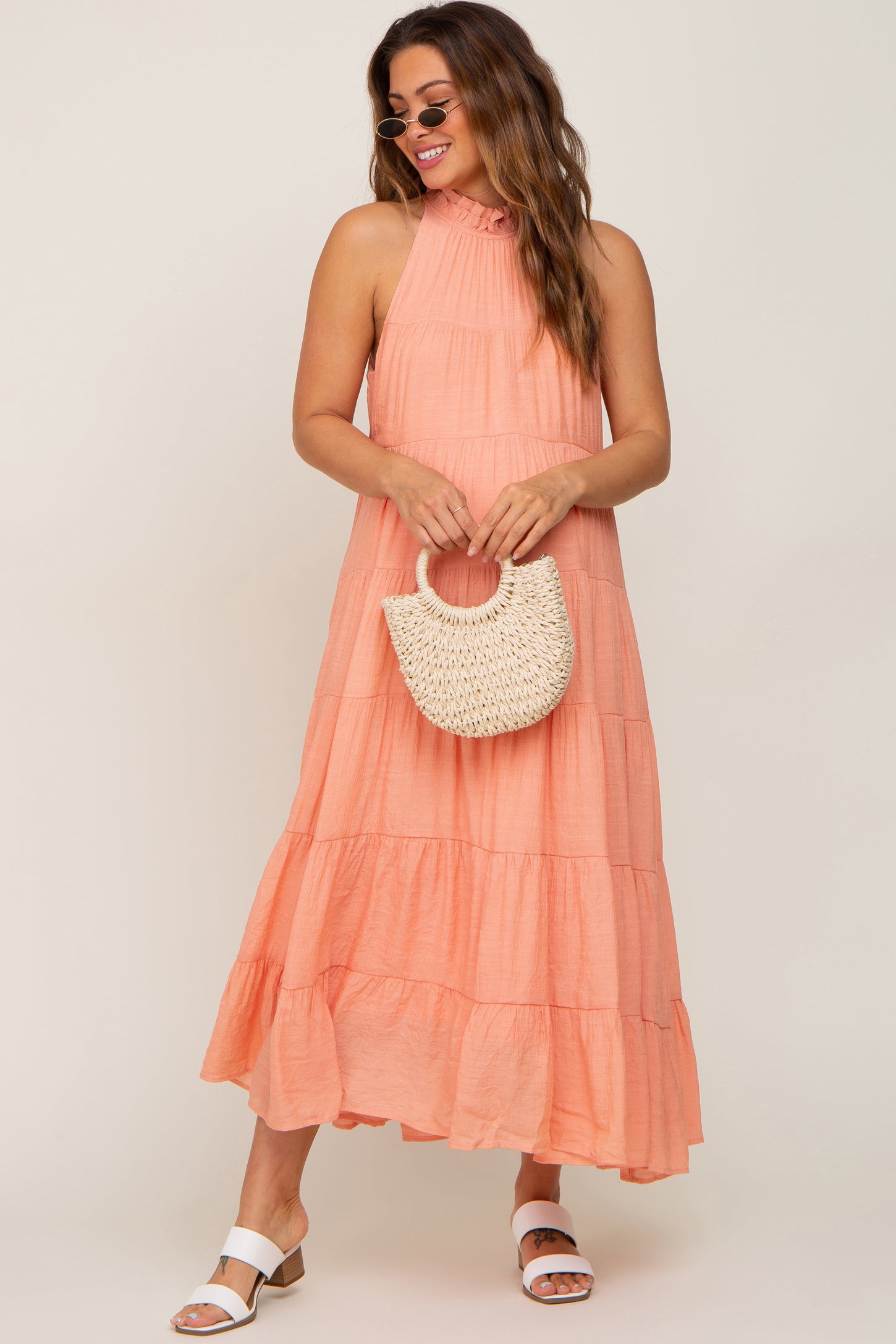 Peach Tiered High Neck Maternity Maxi Dress