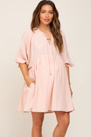 Light Pink Textured Stripe Babydoll Maternity Dress