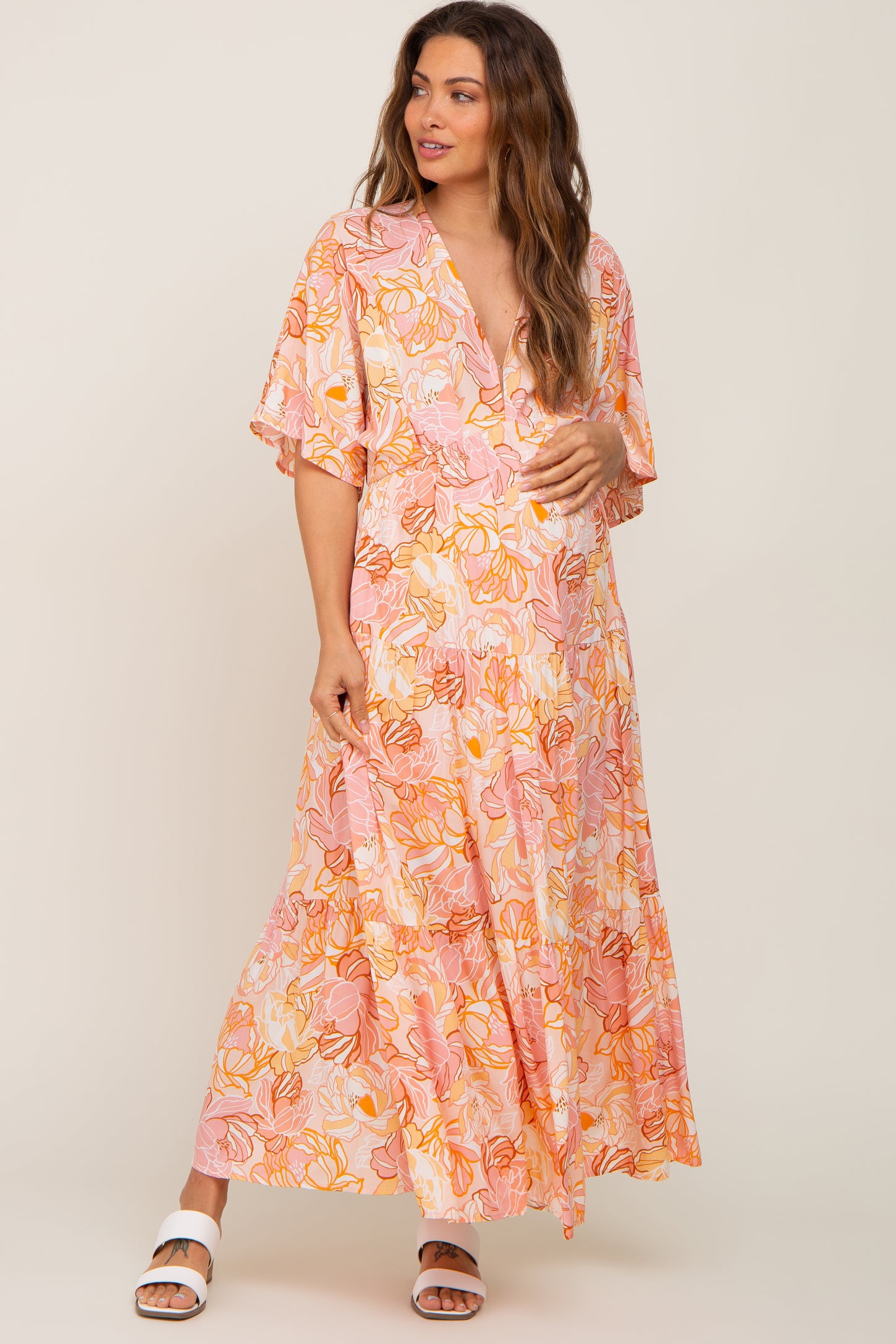 Peach Floral Deep V-Neck Tiered Maternity Maxi Dress