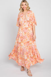 Peach Floral Deep V-Neck Tiered Maxi Dress