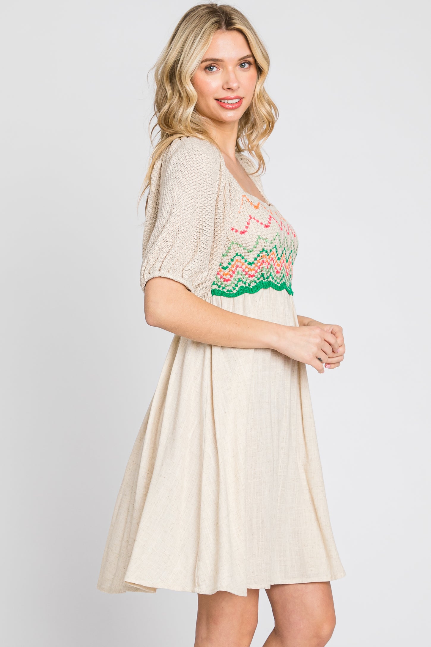 Beige Crochet Puff Sleeve Dress