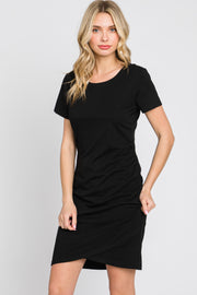 Black Short Sleeve Ruched Dress