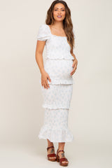 Light Blue Floral Square Neck Smocked Maternity Maxi Dress