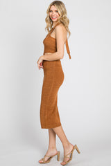 Camel Side Cutout Halter Knit Midi Dress