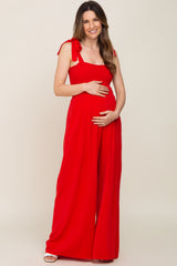 Red Sleeveless Smocked Wide Leg Maternity Jumpsuit