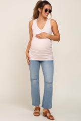 Light Pink Ribbed Sleeveless Ruched Maternity Tank Top