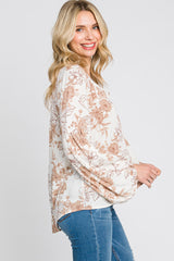Cream Floral Lace-Up Puff Long Sleeve Top