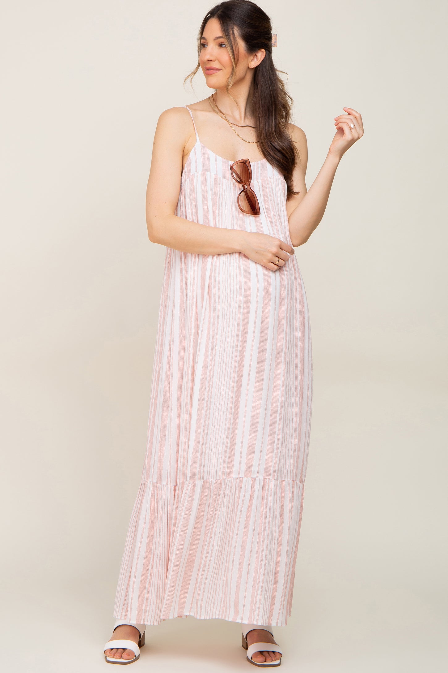 Coral Striped Sleeveless Maternity Maxi Dress