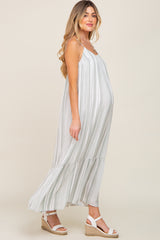 Sage Striped Sleeveless Maternity Maxi Dress