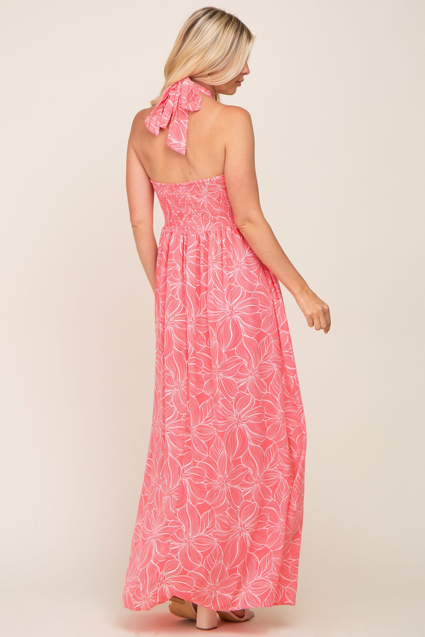 Coral Floral Halter Neck Maxi Dress