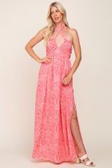 Coral Floral Halter Neck Maxi Dress