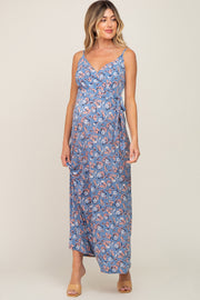 Blue Floral Wrap Top Sleeveless Maternity Maxi Dress