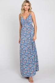 Blue Floral Wrap Top Sleeveless Maxi Dress