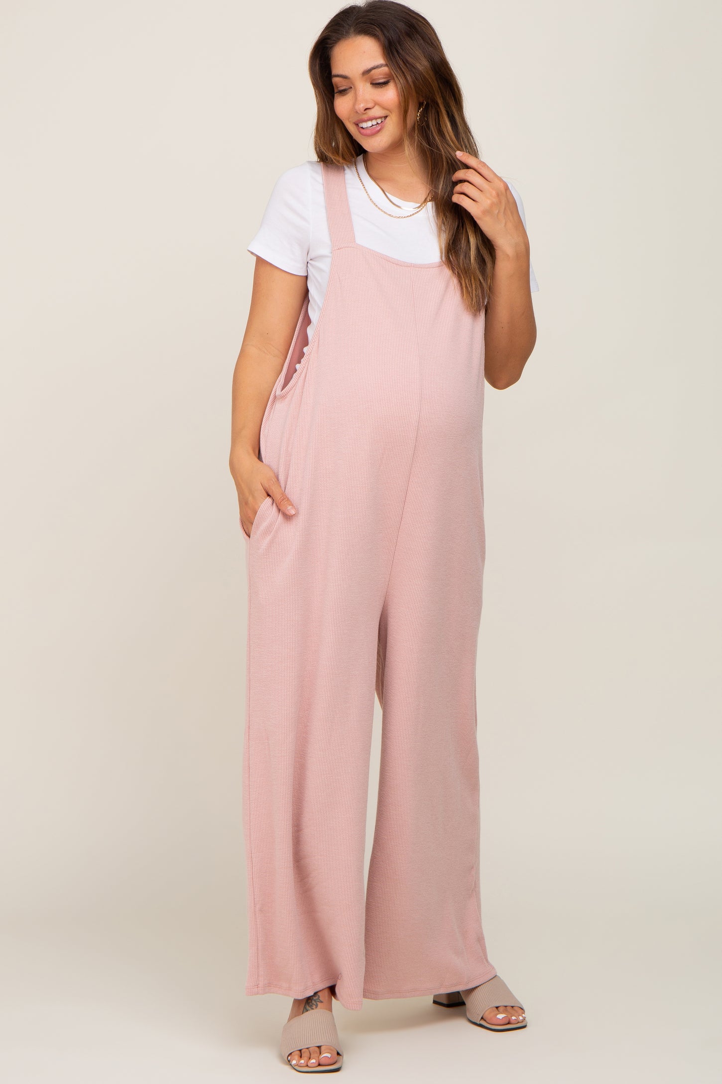 Light Pink Ribbed Maternity Wide Leg Jumpsuit