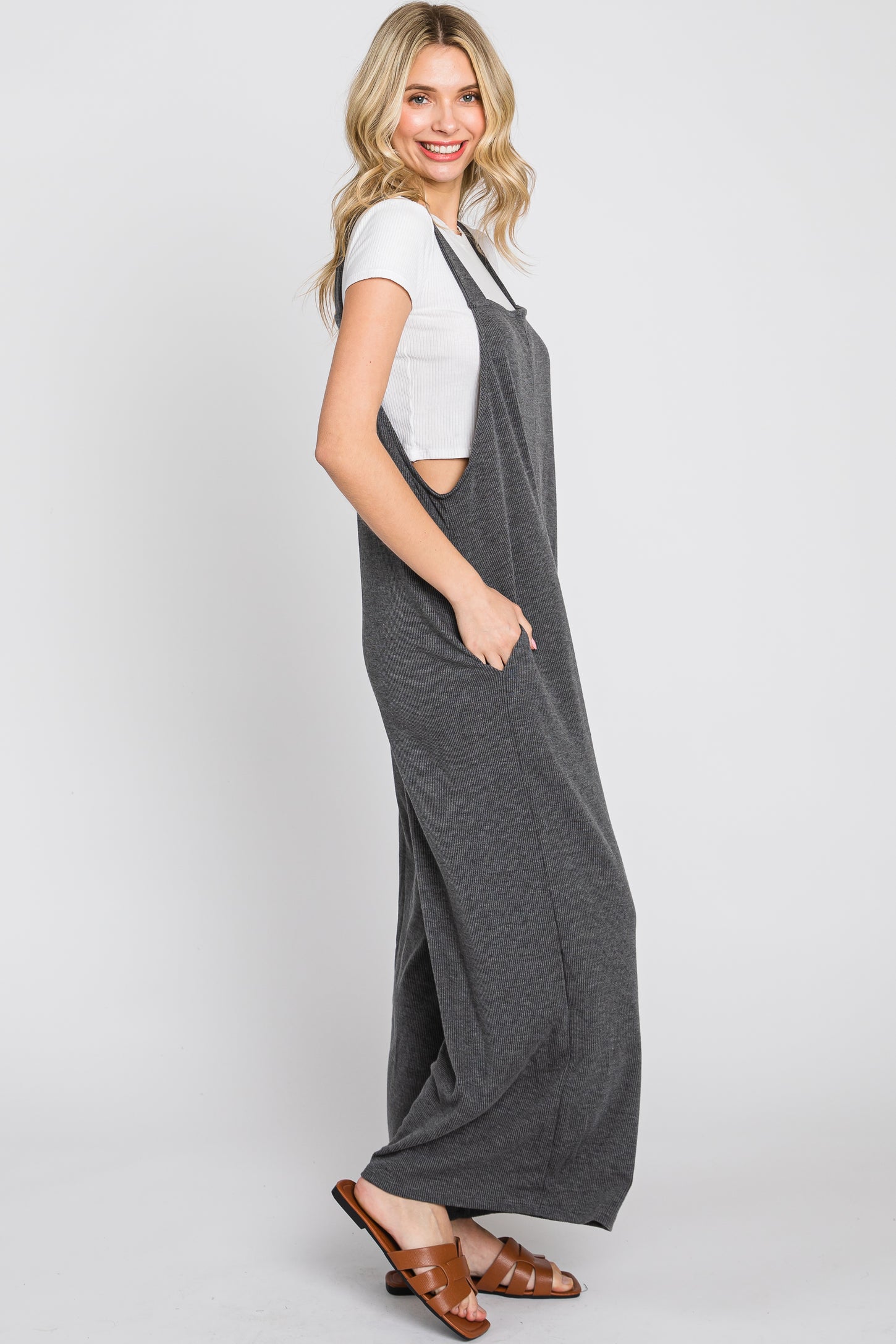 Charcoal Ribbed Wide Leg Jumpsuit