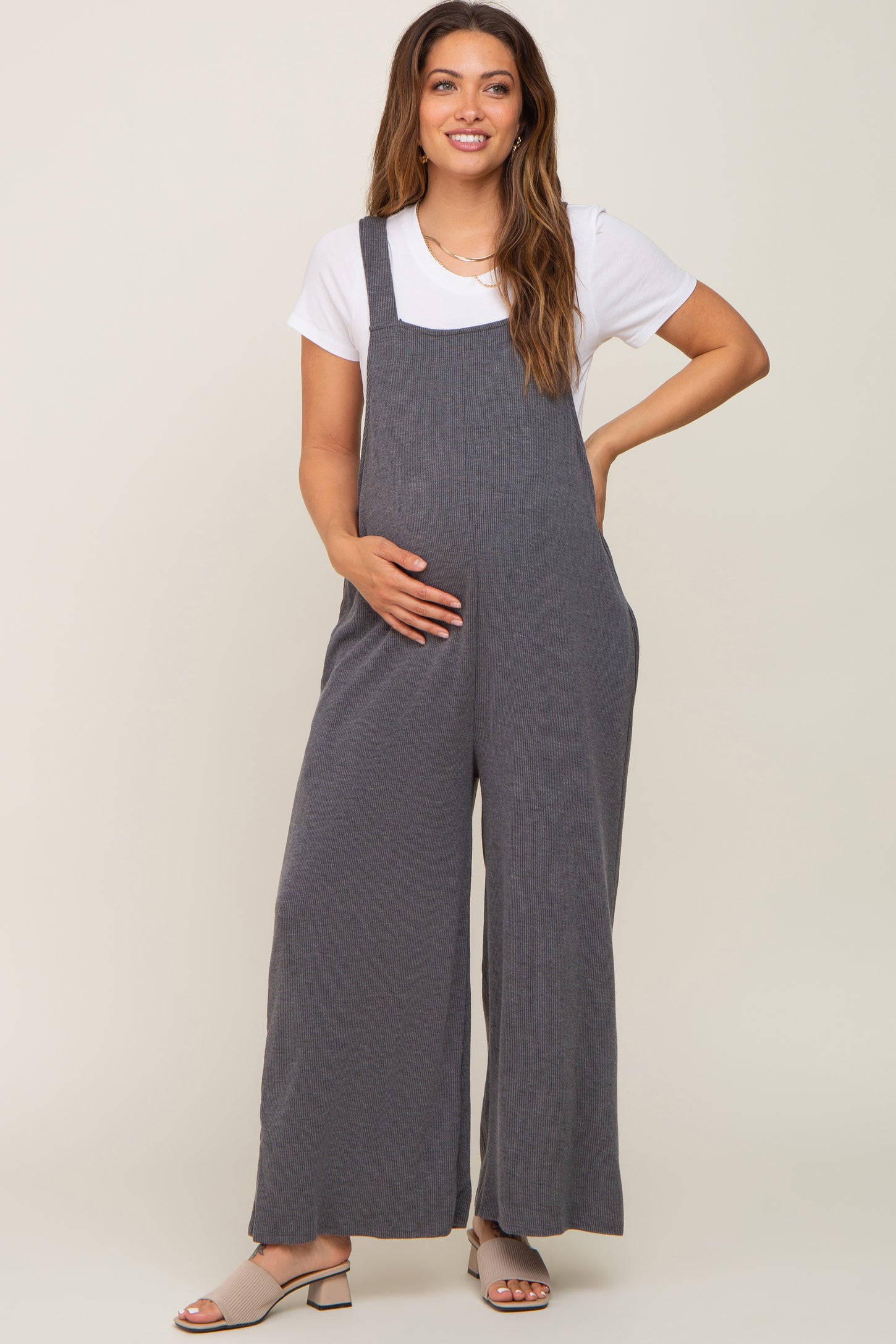 Charcoal Ribbed Maternity Wide Leg Jumpsuit