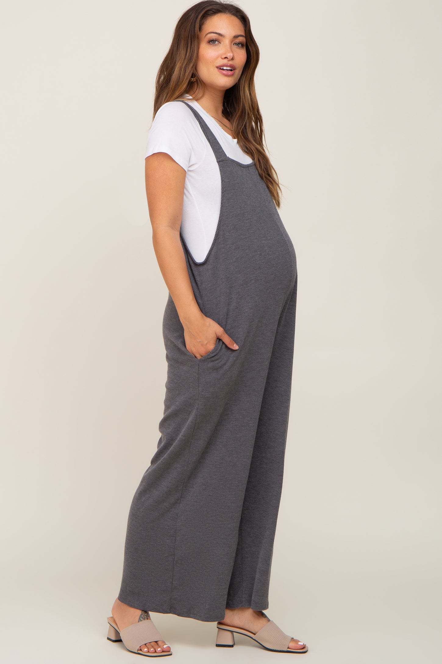 Charcoal Ribbed Maternity Wide Leg Jumpsuit