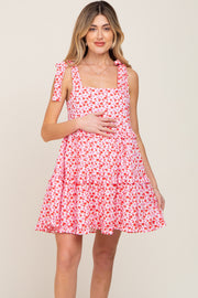 Pink Floral Shoulder Tie Ruffle Tiered Maternity Dress