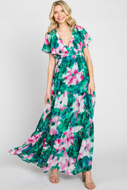 Dark Teal Floral Chiffon Deep V Flutter Sleeve Maxi Dress