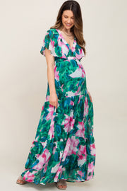 Dark Teal Floral Chiffon Deep V Flutter Sleeve Maternity Maxi Dress