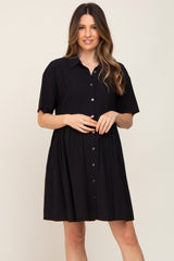 Black Buttondown Short Sleeve Maternity Dress
