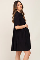 Black Buttondown Short Sleeve Maternity Dress