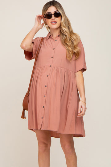 Mauve Buttondown Short Sleeve Maternity Dress