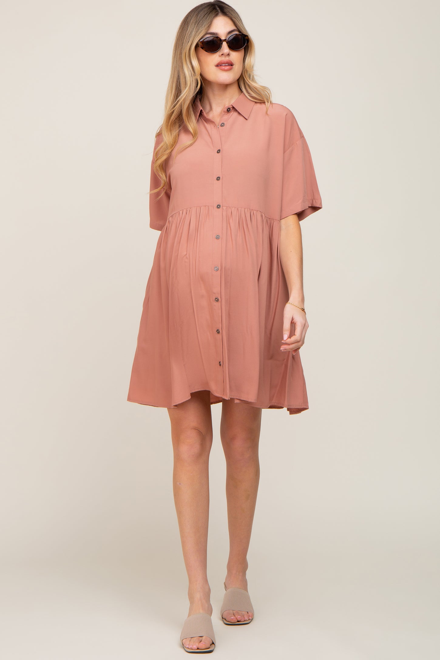 Mauve Buttondown Short Sleeve Maternity Dress