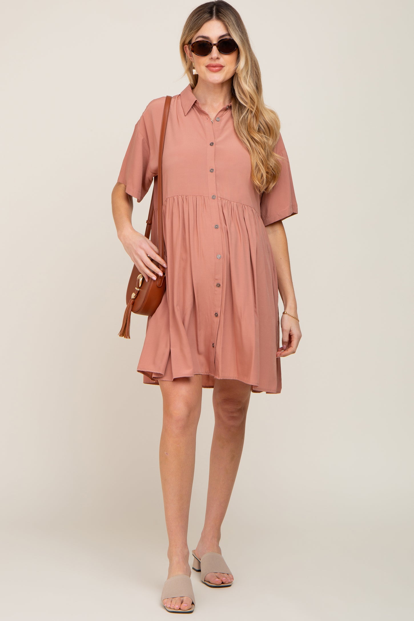 Mauve Buttondown Short Sleeve Maternity Dress